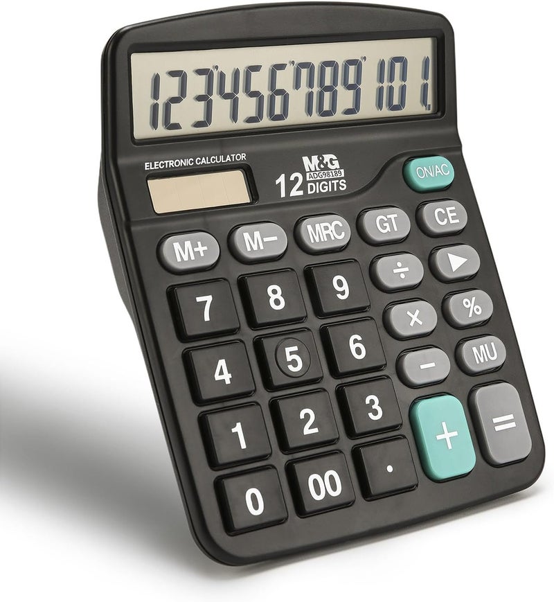 MG Desk Calculator 12 Digit Office Calculators with Large LCD Display, Dual Solar Power and Battery, Recessed Big Button Calculator for Office Home (Black) - Image 1